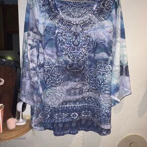 Blue Patterned Embellished Women's Blouse